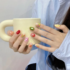 Handmade fruit theme press-on nails with 3D embossed kiwi, strawberry, and lemon art