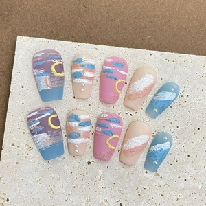 3D hand-painted oil painting press-on nails with stars and moon 3D relief texture