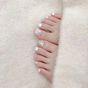 Faux Ongles de Pied Faits Main Blancs Avec Fausses Künstliche Perles Lignes Métalliques Dorées Élégants Faux Ongles Pied Femme Fête Quotidien