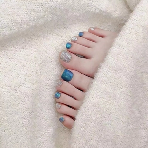 Handmade Blue Cat Eye Press On Toenails Sparkly Glitter Silver Fake Nails For Toes Professional Fashion Women Manicure