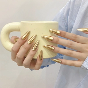 Luxury Gold Mirror Metallic Press On Nails Long Almond Stiletto Shape Handmade Removable Fake Nails For Women Fashion Jewelry