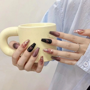 Pink cat eye and black heart handmade coffin press-on nails with rose gold glitter