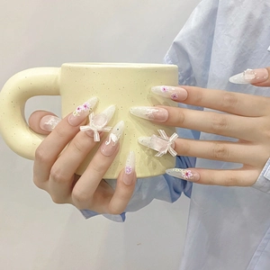 Pink Gradient Butterfly Press On Nails With Swan 3D Flower Ribbon Bow Long Almond Stiletto Handmade Luxury Fake Nails For Women