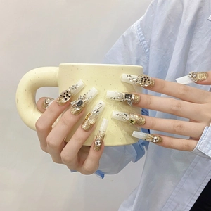 Handmade Luxury Long Coffin Press On Nails Gold Glitter Gradient 3D Butterfly Rhinestone Faux Artificial Pearl Jewelry For Women