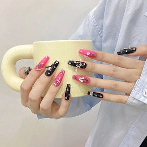 Handmade Pink Black Y2K Press On Nails Long Coffin Coffin Shape 3D Metal Star Butterfly Rhinestone Decoration Punk Nails