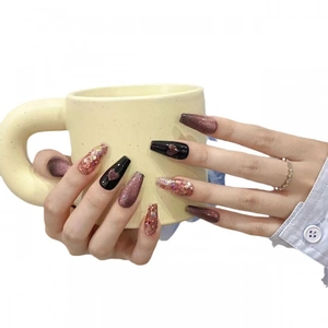 Cat eye and heart glitter coffin press-on nails set with elegant hand presentation