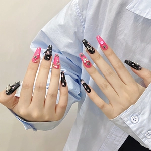 Handmade Y2K black and pink long trapezoid press-on nails with stars and charms