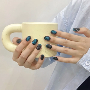 Handmade Dark Gothic Butterfly Bow Cat Eye Press On Nails Blue Glitter Black False Nails For Women Salon Style Jewelry