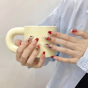 Handmade Strawberry Press-On Nails Long Coffin Shape 3D Relief Red White French Artificial Pearls Rhinestone Grid Design Women Jewelry