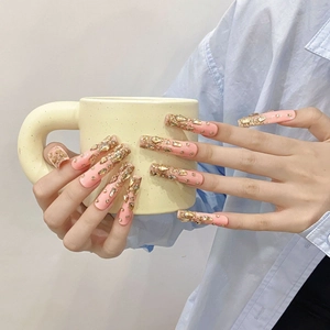Handmade Pink Luxurious Press On Nails Gold Rhinestone Coffin Shape Fake Nails With Glitter Foil For Women Daily Party Wear