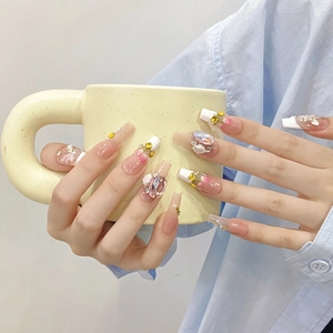 Handmade Pink Nude French Press On Nails Long Coffin Shape With 3D Flower Heart Rhinestone Artificial Pearl Butterfly Decoration