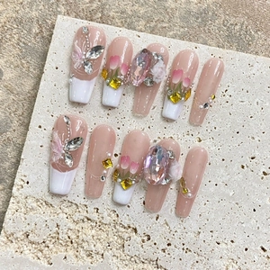 Handmade French press-on nails with pink gradient, 3D flowers and crystal butterfly gems