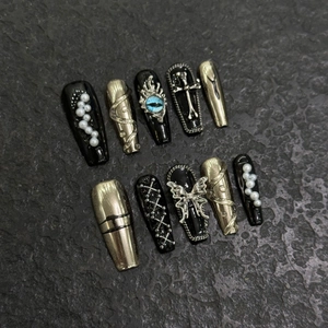 Handmade Gothic Punk Coffin Press On Nails Black Silver Butterfly Cross Artificial Pearl Artificial False Nails Jewelry For Women