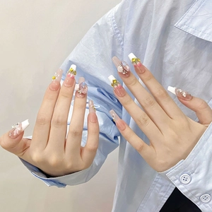 Handmade pink coffin press-on nails with 3D floral designs, pearls and rhinestones