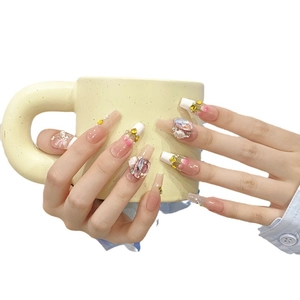 Handmade pink gradient press-on nails with 3D floral roses and heart zircon crystals