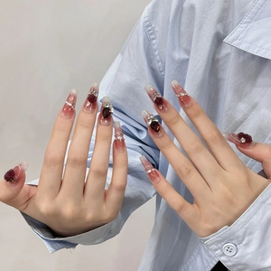Handmade coffin press-on nails with pink gradient, 3D red roses and rhinestones