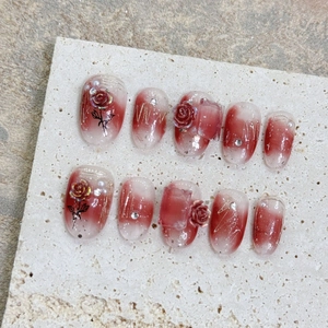 Handmade Press On Nails Burgundy Gradient Wine Red Rose Pattern With Artificial Pearls Rhinestones Elegant Nail Art Tips For Women