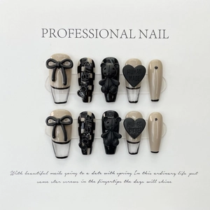 Handmade Press On Nails Long Coffin Shape 3D Bear Heart Checkerboard Design Decorative Fake Nails For Women Party Street Style