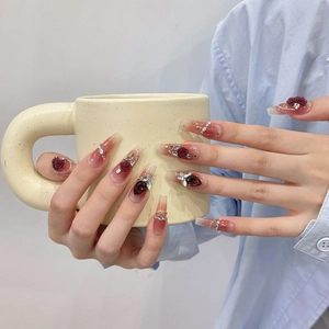 Handmade long coffin press-on nails with burgundy gradient, 3D roses and pearls