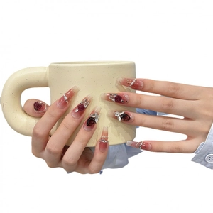 Handmade coffin press-on nails with 3D rose decor, red ombre finish and silver rhinestones