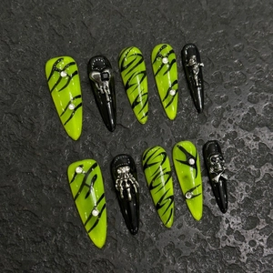 Handmade Gothic Stiletto Press On Nails Neon Green Black Skeleton Hand 3D Metal Charms Rhinestone Punk Fake Nails For Women