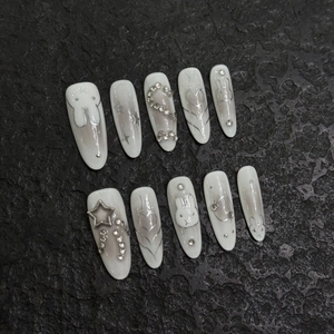 Handmade Spicy Girl Press On Nails Long Almond White Silver Marble Rabbit Heart Star Inlaid Rhinestone Y2K Luxury Nail Art