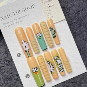 Handmade Long Coffin Press On Nails 3D Relief Cartoon Art Hand Painted Removable Manicure For Women Fashion Fingernails