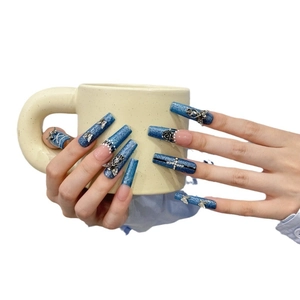 Handmade denim blue coffin press-on nails with silver butterfly and rose charms