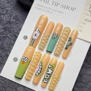 Extra long handmade cartoon press-on nails with cream yellow 3D embossed KAWS art