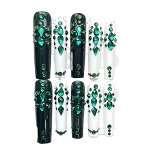 Handmade emerald green and diamond long coffin press-on nails with black and white tones