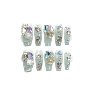 Handmade long ballerina press-on nails with rose, crystals and mint green base