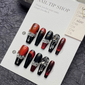Luxury dark red cat eye press-on nails set with rhinestones and silver chain accents