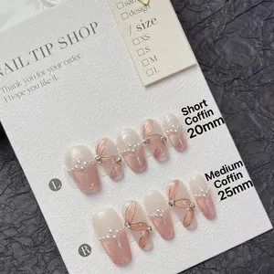 Handmade Press On Nails Romantic Ballet Ribbon Artificial Pearl Cat Eye Gradient Pink Coffin Shape Reusable Artificial Nails Women