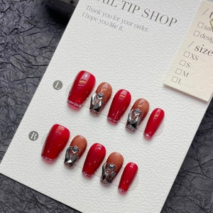 Handmade wine red gradient press-on nails with large black crystal rhinestones
