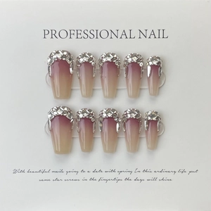 Handgefertigte Sarg-Drucknägel Rosa Violett Farbverlauf Luxus Glitzernde Falsche Nägel Für Damen Alltag Party Kleidung