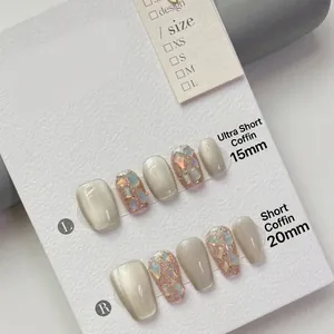 Cat eye aurora press-on nails with glitter diamonds in short trapezoid 15mm and 20mm lengths