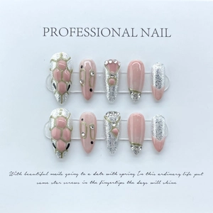 Handmade Pink Snake Pattern Almond Press On Nails With Silver Glitter And Rhinestones Elegant Fashion Medium Long False Nails For Women