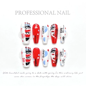 Handmade Peking Opera Face Mask Press On Nails Coffin Fake Nails Hand Painted Retro Chinese Style Artificial Nail Tips