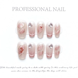 Pink cat-eye press-on nails set with gold wire, floral painting and bow rhinestones