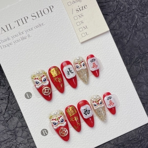 Chinese Style 3D Relief Lion Dance Press On Nails Red Gold Mahjong Design Handmade False Nails For Women Festive Jewelry Art