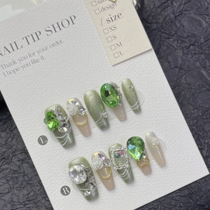 Handmade Luxury Summer Green Grape Press On Nails 3D Rhinestone Artificial Pearl Butterfly Sweet Coffin Fake Nails For Women