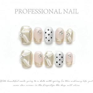 Polka dot press-on nails set with champagne gold mirror finish and 3D floral pearls