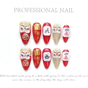 3D embossed lion dance nail art stickers in red and gold with lucky Chinese characters