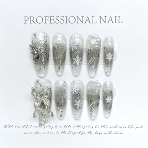Handmade Press On Nails Silver Butterfly Y2K Glitter Rhinestone Artificial Pearl Artificial Nail Art Set For Women