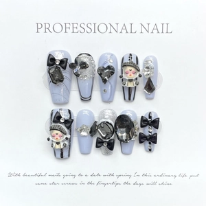 Handmade 3D Bow Heart Rhinestone Press On Nails Sweet Cool Dark Purple Y2K Style Fake Nails With Cartoon Girl Decor Manicure