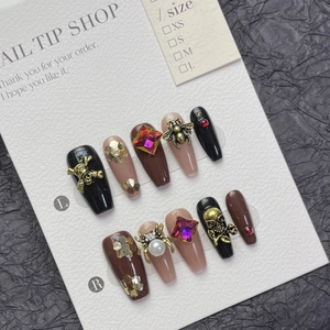 Handmade Gothic Halloween Press On Nails 3D Spider Skull Coffin False Nails With Rhinestone Artificial Pearl For Women Party
