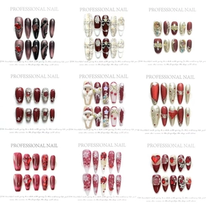 Handmade Press On Nails Set Luxury Red Gold 3D Rhinestone Bow Lion Dance Heart Festive Fake Nails For Women Party Wedding Nails