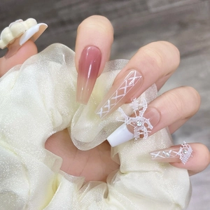Pink gradient long trapezoid press-on nails with 3D lace bows and pearls