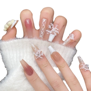 Pink gradient long coffin press-on nails with 3D lace bows and pearl details