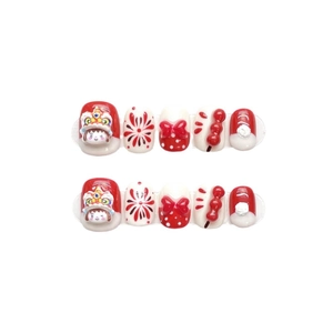 Handmade Chinese New Year press-on nails featuring 3D lion dance and sugar gourd motifs